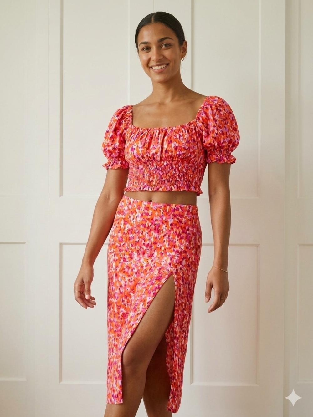 H&M Pink and Orange Floral Midi Skirt Set with Puff Sleeve Crop Top
